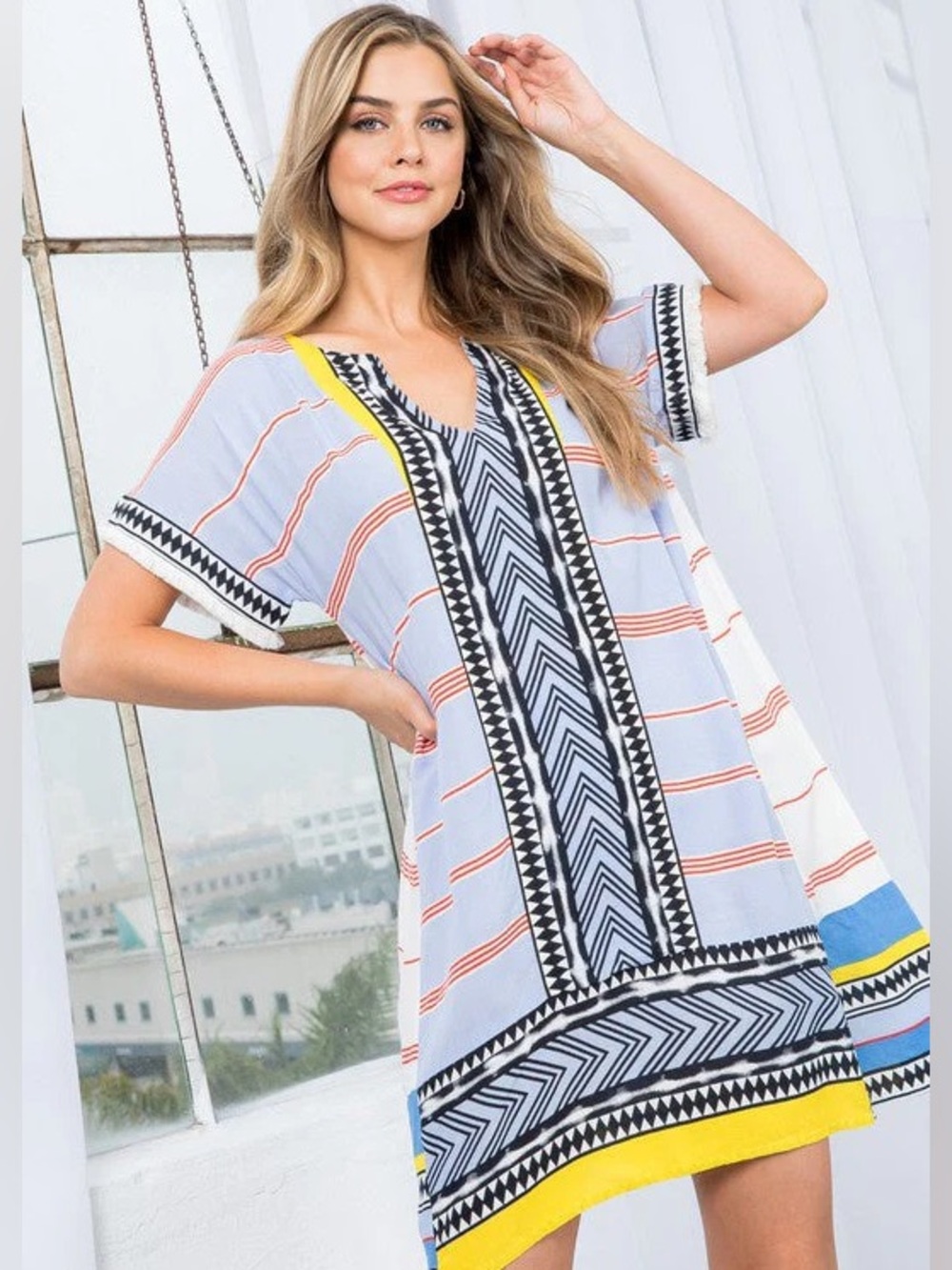 THML Mixed Media Aztec Stripe Short Sleeve Tunic Dress Blue Red Yellow - Size M